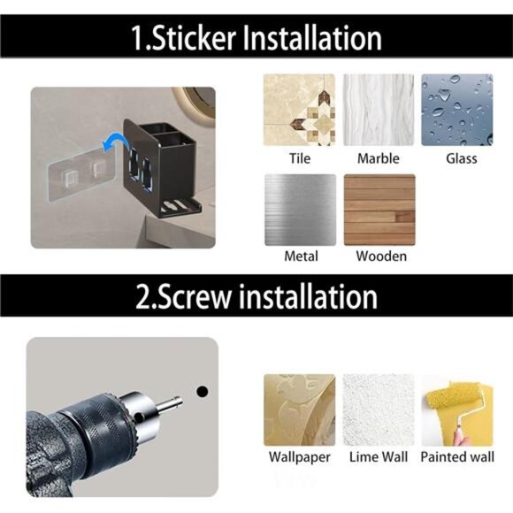 Black Wall Toothbrush Holder Aluminum Bathroom Storage Rack No Drilling Toothpas - Picture 4 of 7